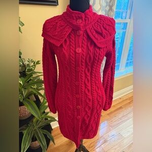 Aran Crafts Ireland Merino Wool Cable Knit Long Cardigan Red Women’s Sz XS NWOT